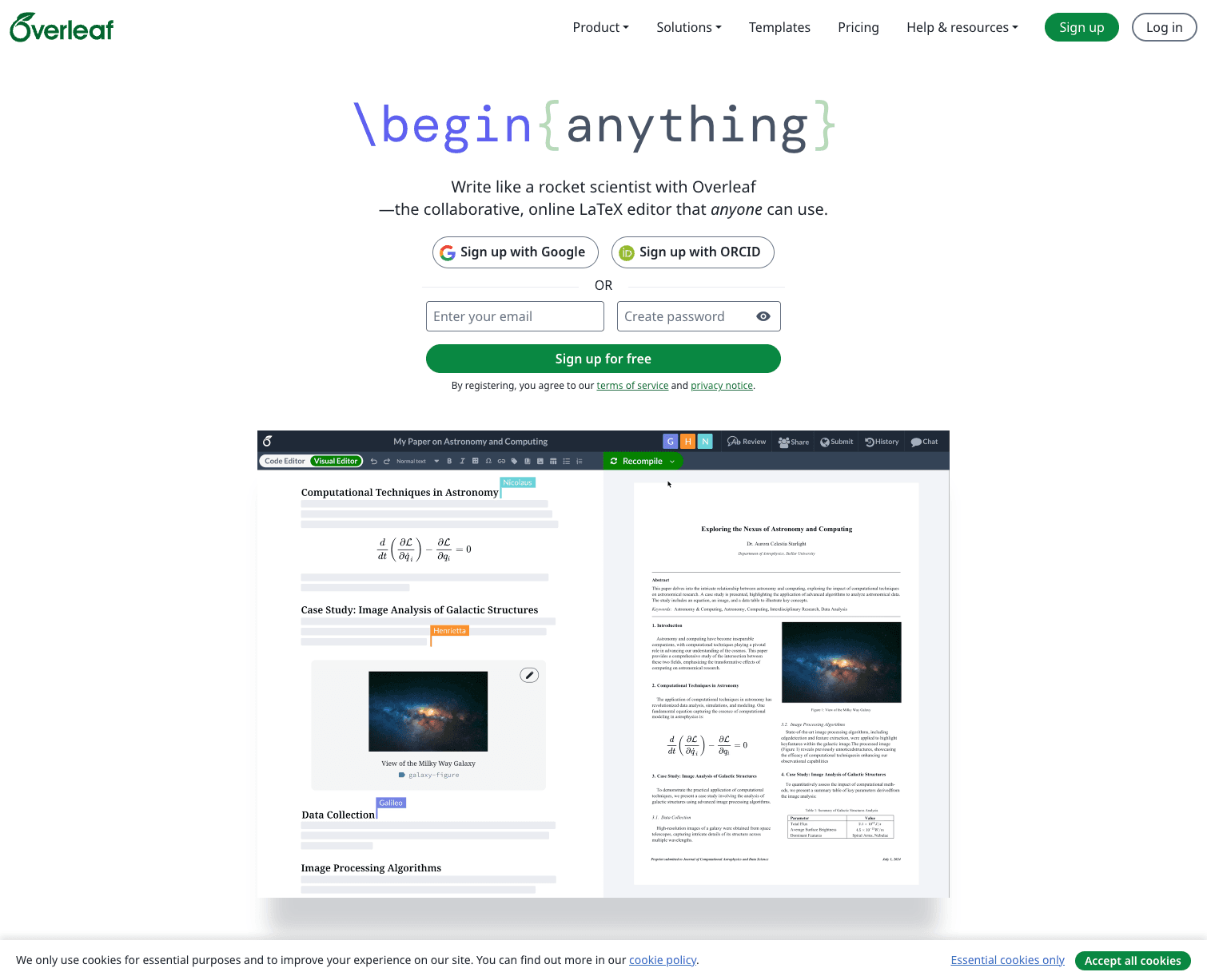 Overleaf 公式トップページ。「\\begin{anything}」のロゴと、サインアップ画面、エディタ画面のプレビューが並ぶ