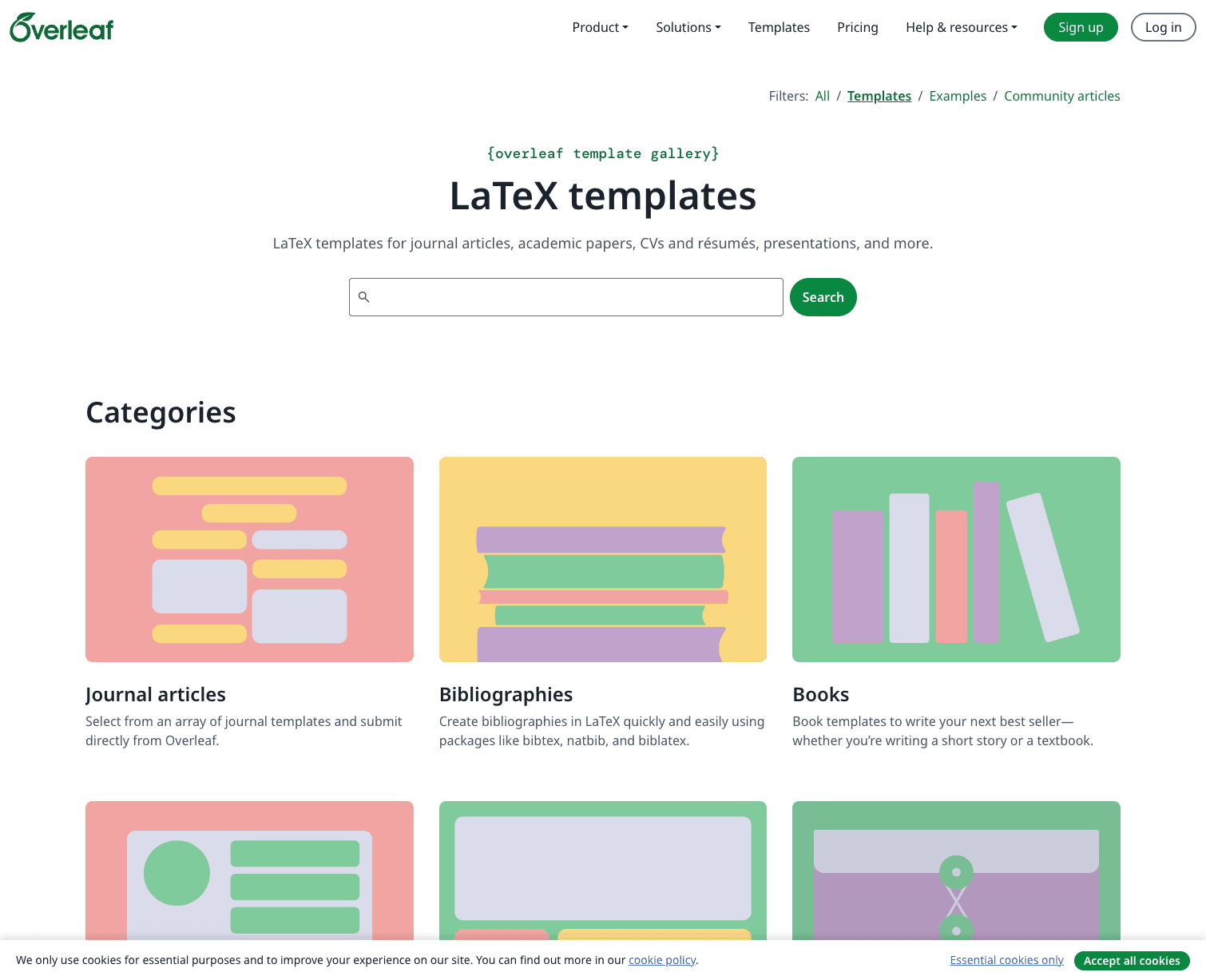 Overleaf Templates ページ。Journal articles / Bibliographies / Books などのカテゴリ別テンプレート一覧
