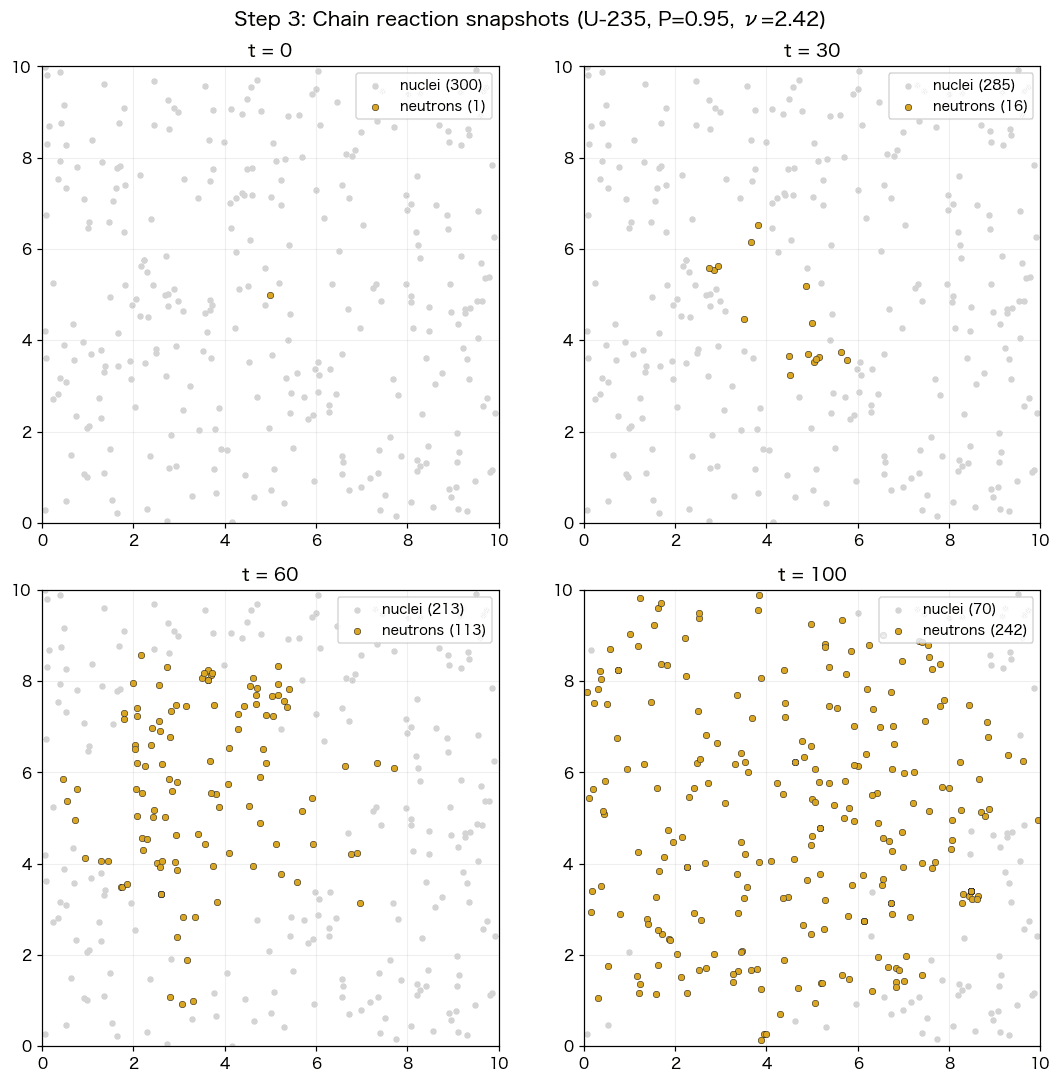t=0, 30, 60, 100 の4枚のスナップショット。原子核が減って中性子が増えていく