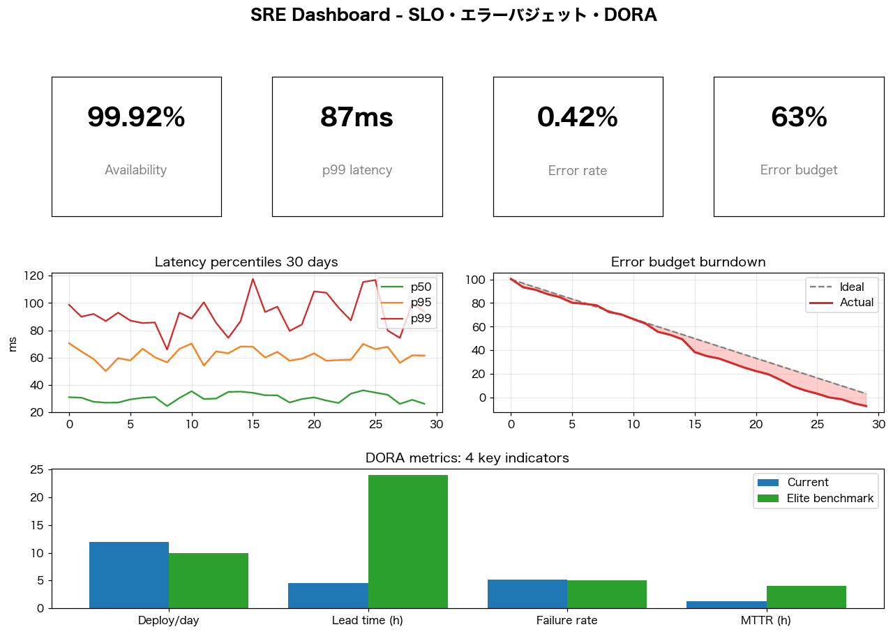 SRE ダッシュボード模式図:可用性・p99・エラー率・エラーバジェットKPI、p50/95/99 折れ線、エラーバジェットバーンダウン、DORA