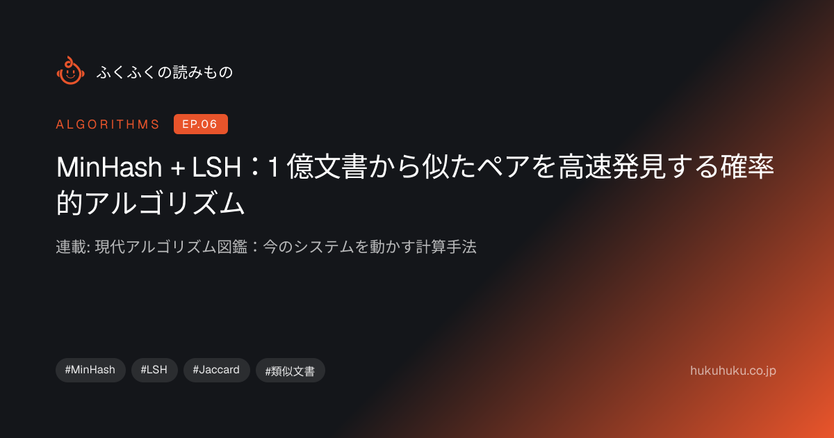 MinHash + LSH：1 億文書から似たペアを高速発見する確率的アルゴリズム（Algorithms EP.6）｜ふくふく