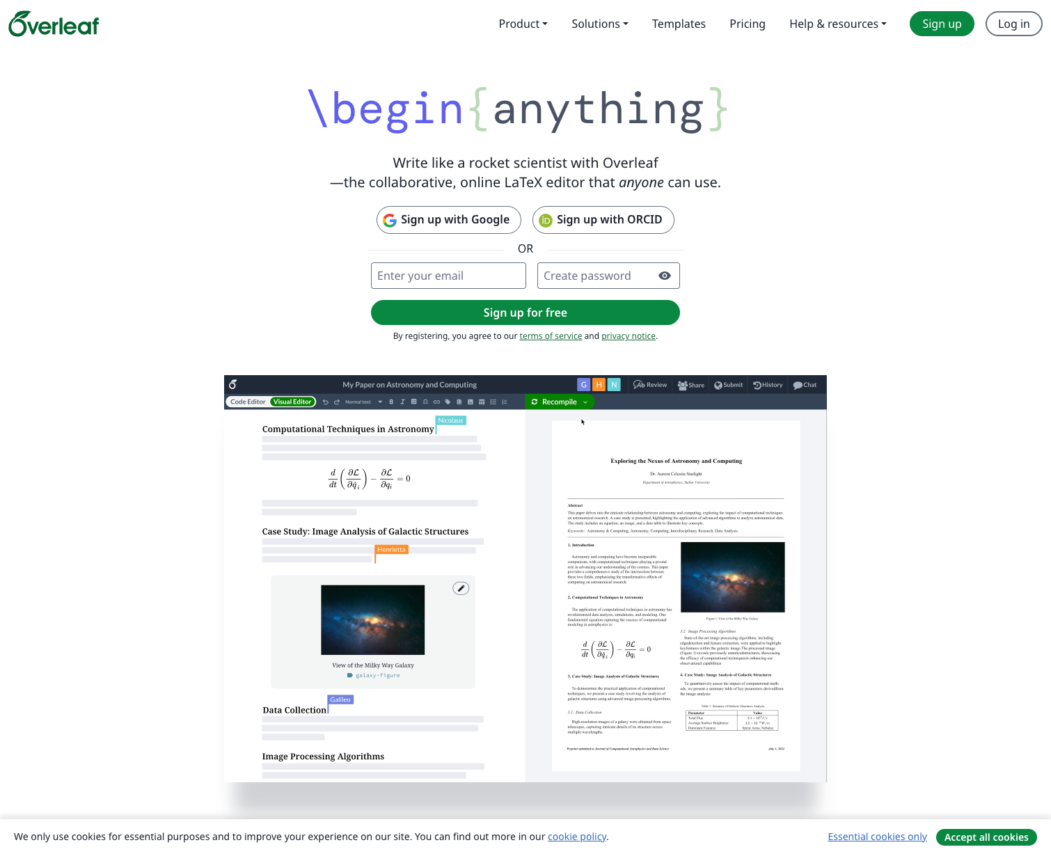 Overleaf 公式トップページ。「\\begin{anything}」のロゴと、サインアップ画面、エディタ画面のプレビューが並ぶ