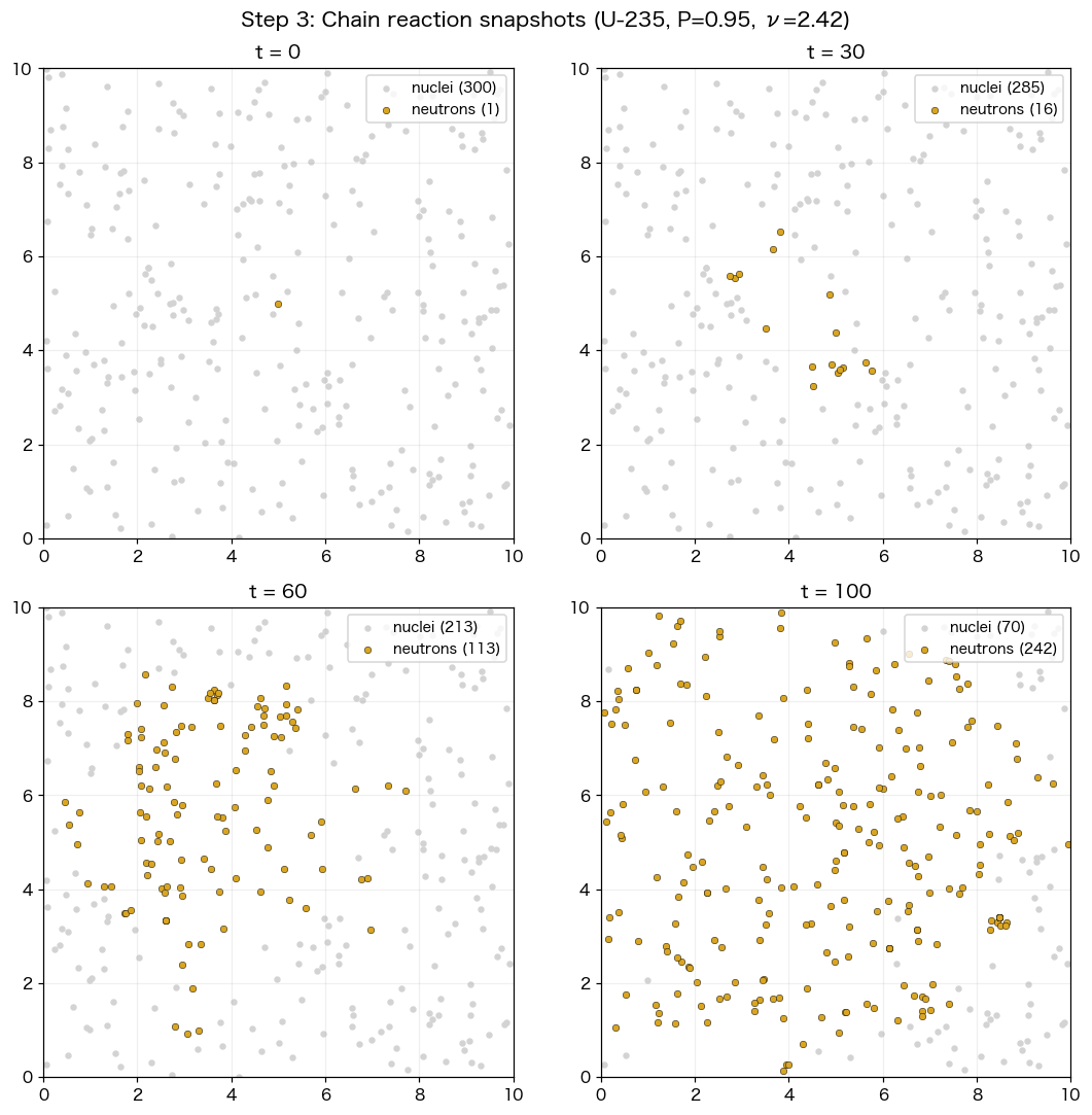 t=0, 30, 60, 100 の4枚のスナップショット。原子核が減って中性子が増えていく